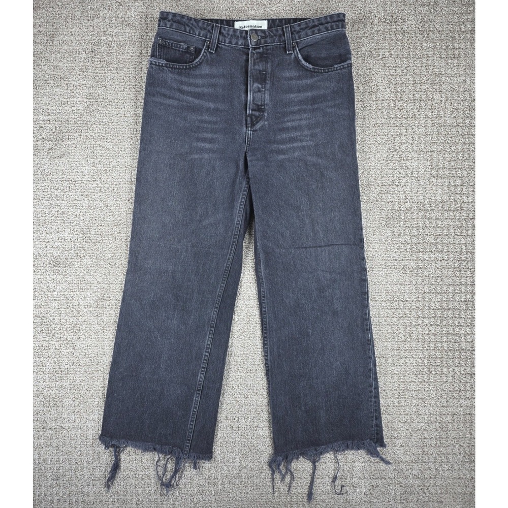 Reformation Fawcett Jean High Rise Wide Leg Raw Hem Black Denim Size 32x27